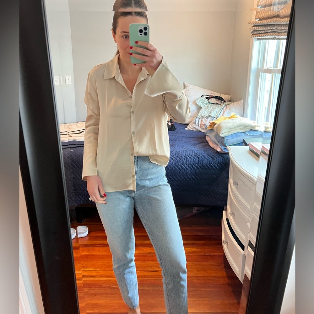 Abercrombie Satin Long Sleeve Button Up in Cream